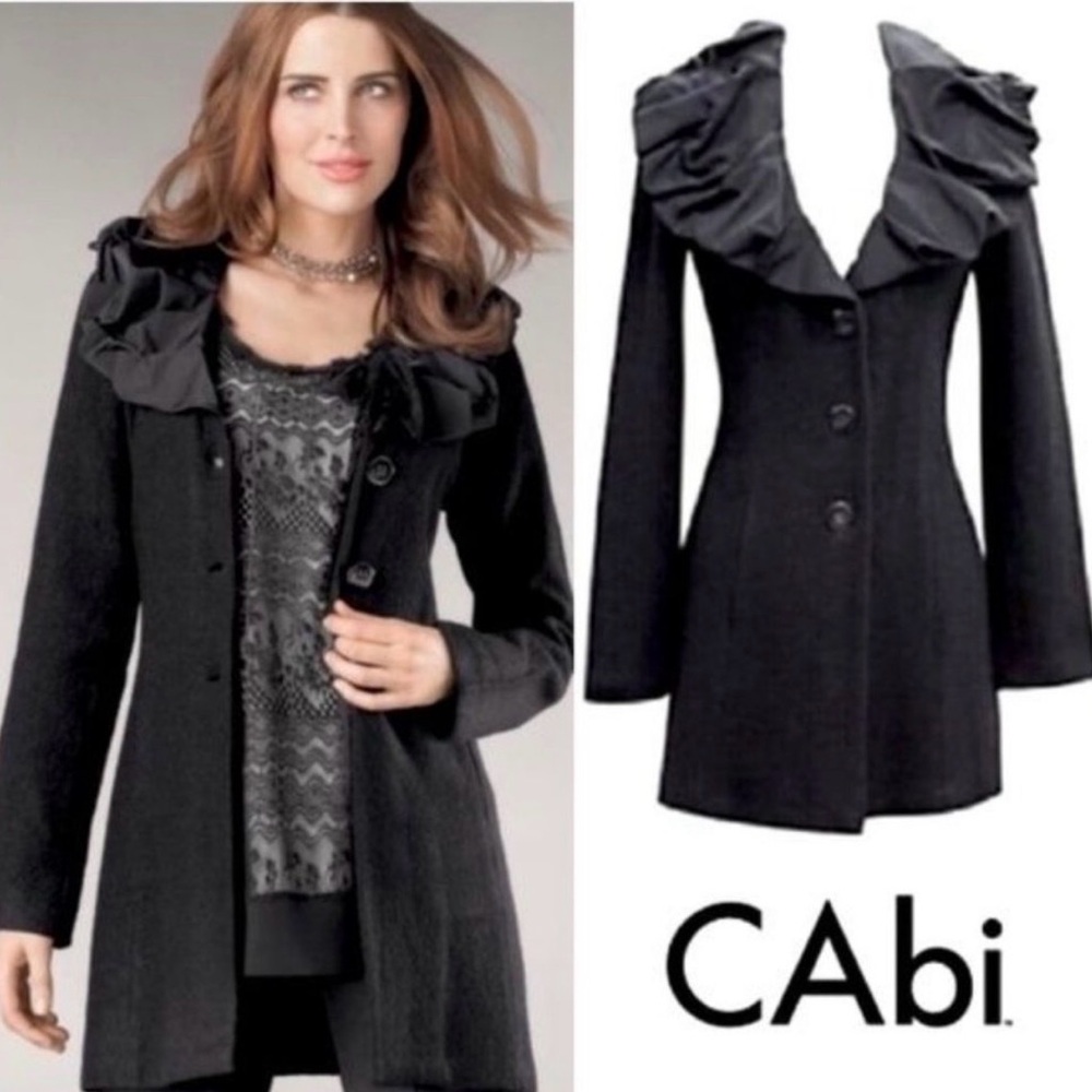 CAbi Women's Elegant Black Wool Ruffle Blazer Sweater Jacket Size Medium